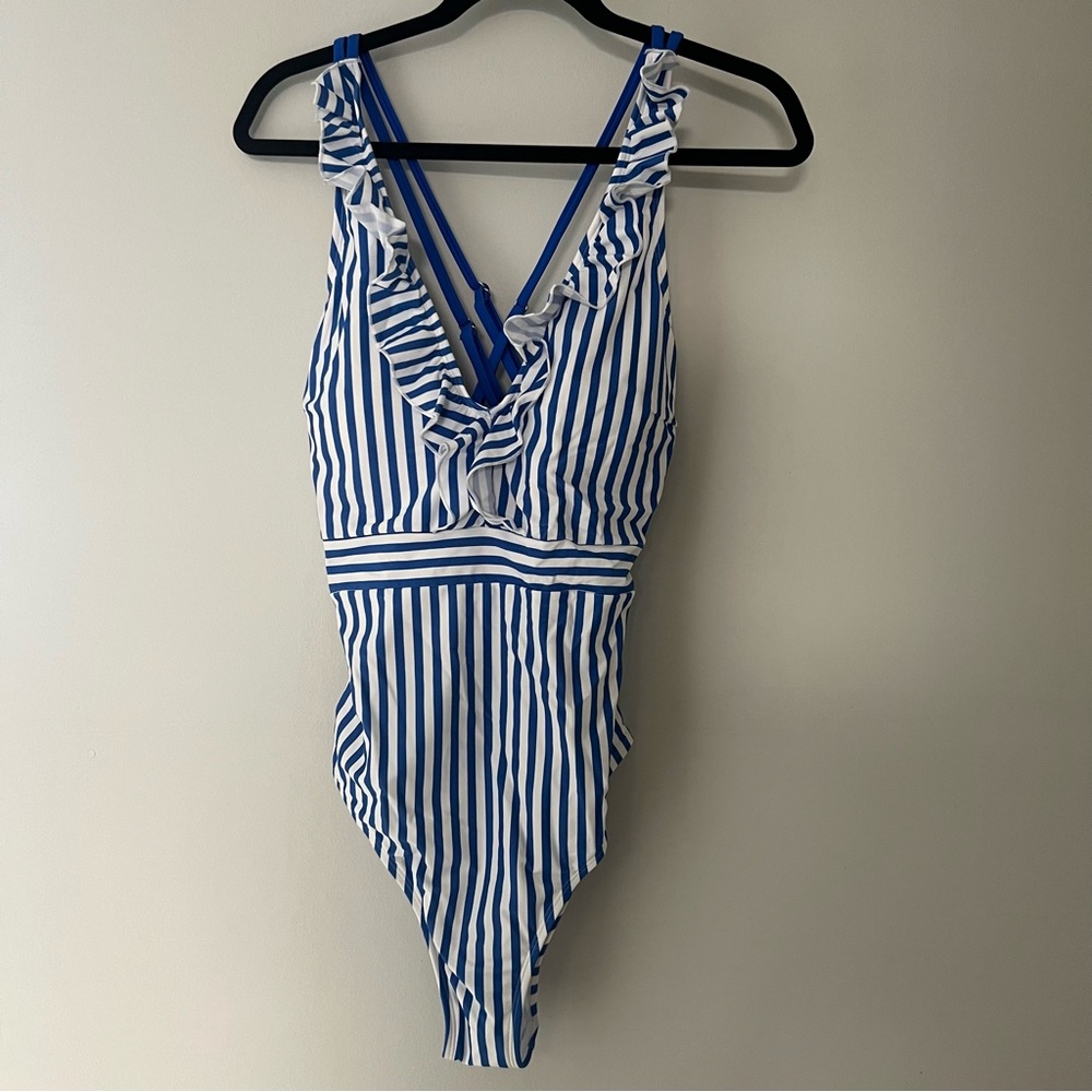 Blue and White Striped Ruffle One-Piece Swimsuit